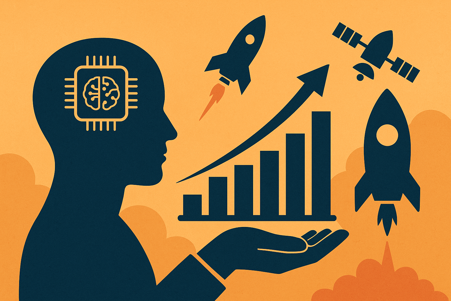 Silhouette of a human head with a brain-shaped microchip, rockets, bar graph, and satellite symbolizing AI innovation and technological growth.