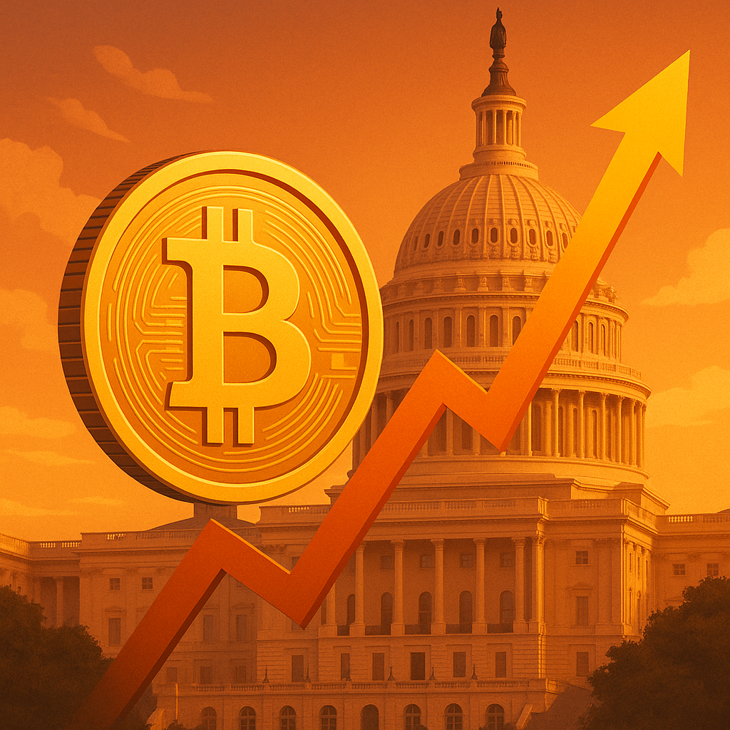 A large Bitcoin symbol rises in front of the U.S. Capitol building with an upward arrow, symbolizing market growth.