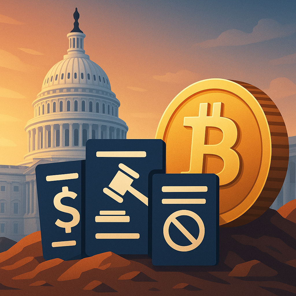 A symbolic Bitcoin coin beside legal-themed documents in front of the U.S. Capitol building at sunset.