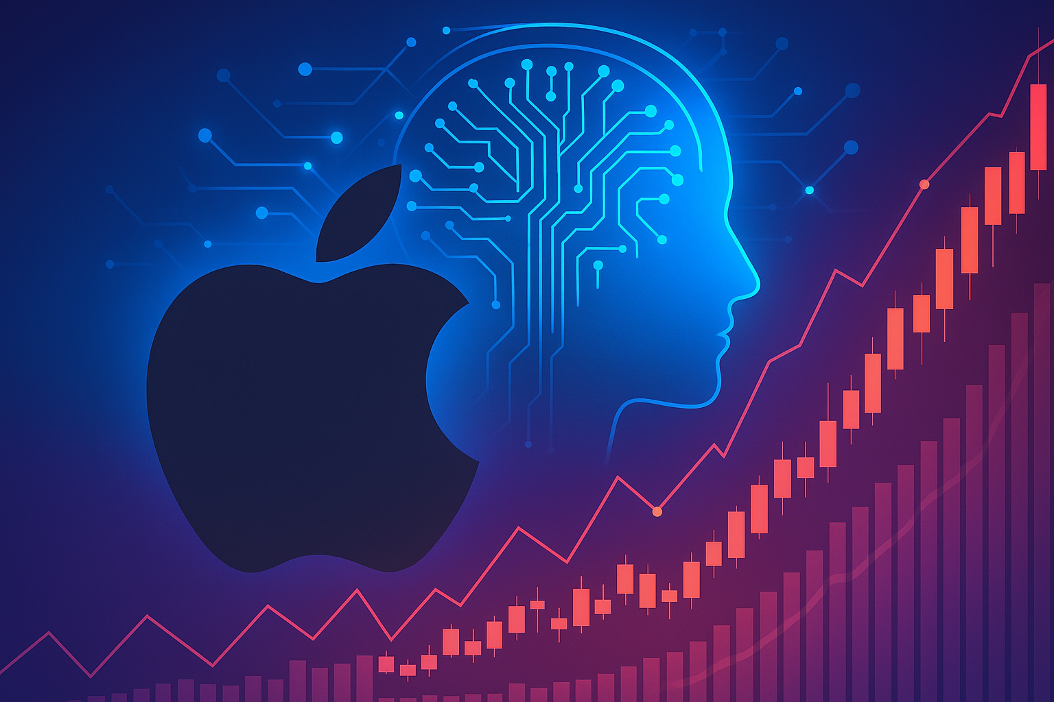 Illustration of the Apple logo next to a digital human head with circuit patterns, backed by stock market charts.