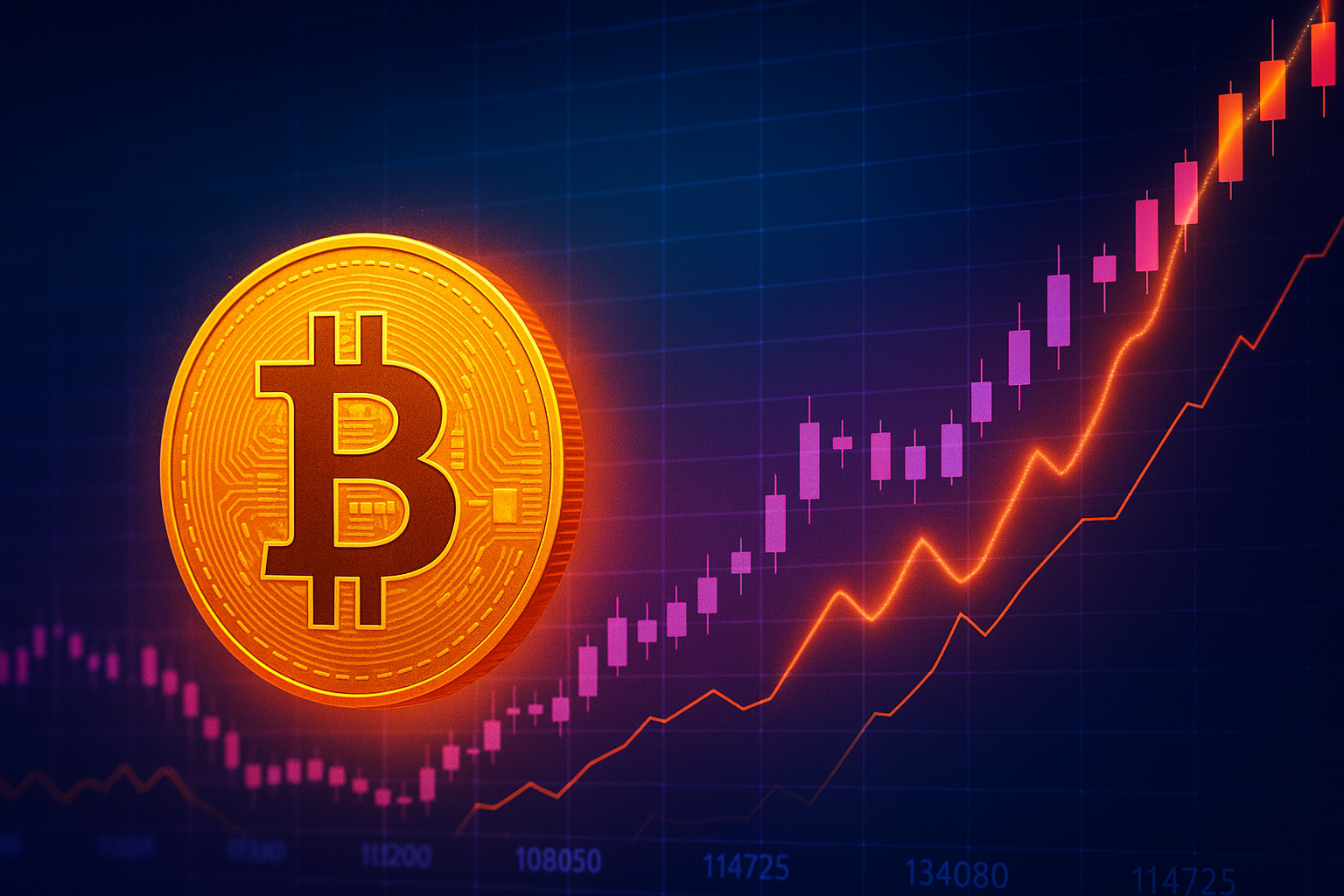 A glowing golden Bitcoin symbol in front of a rising candlestick chart and neon line graph on a digital blue grid background.