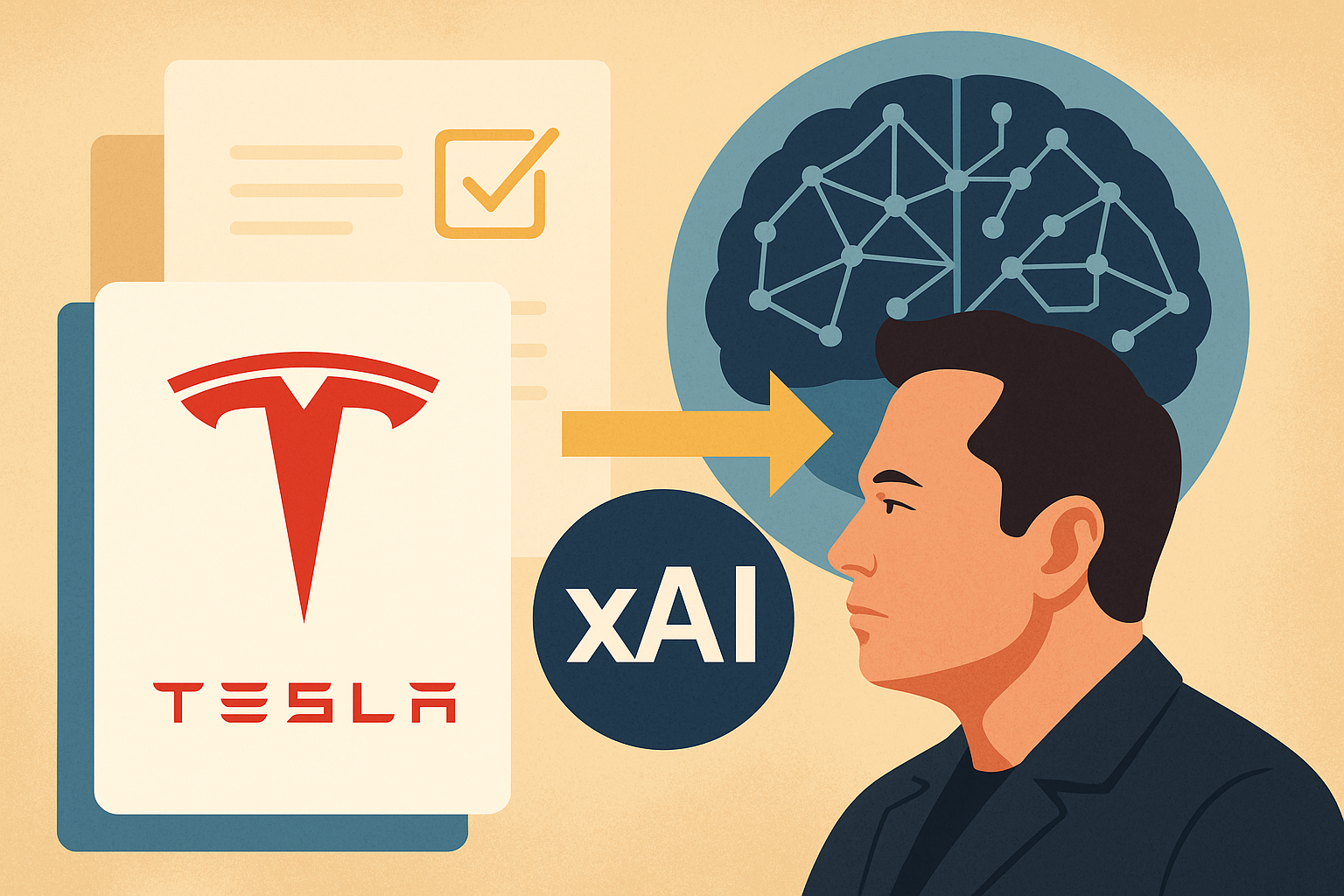 Illustrated image showing Tesla documents, a checkmark, Elon Musk’s profile, and a neural network symbol connected by an arrow to xAI.