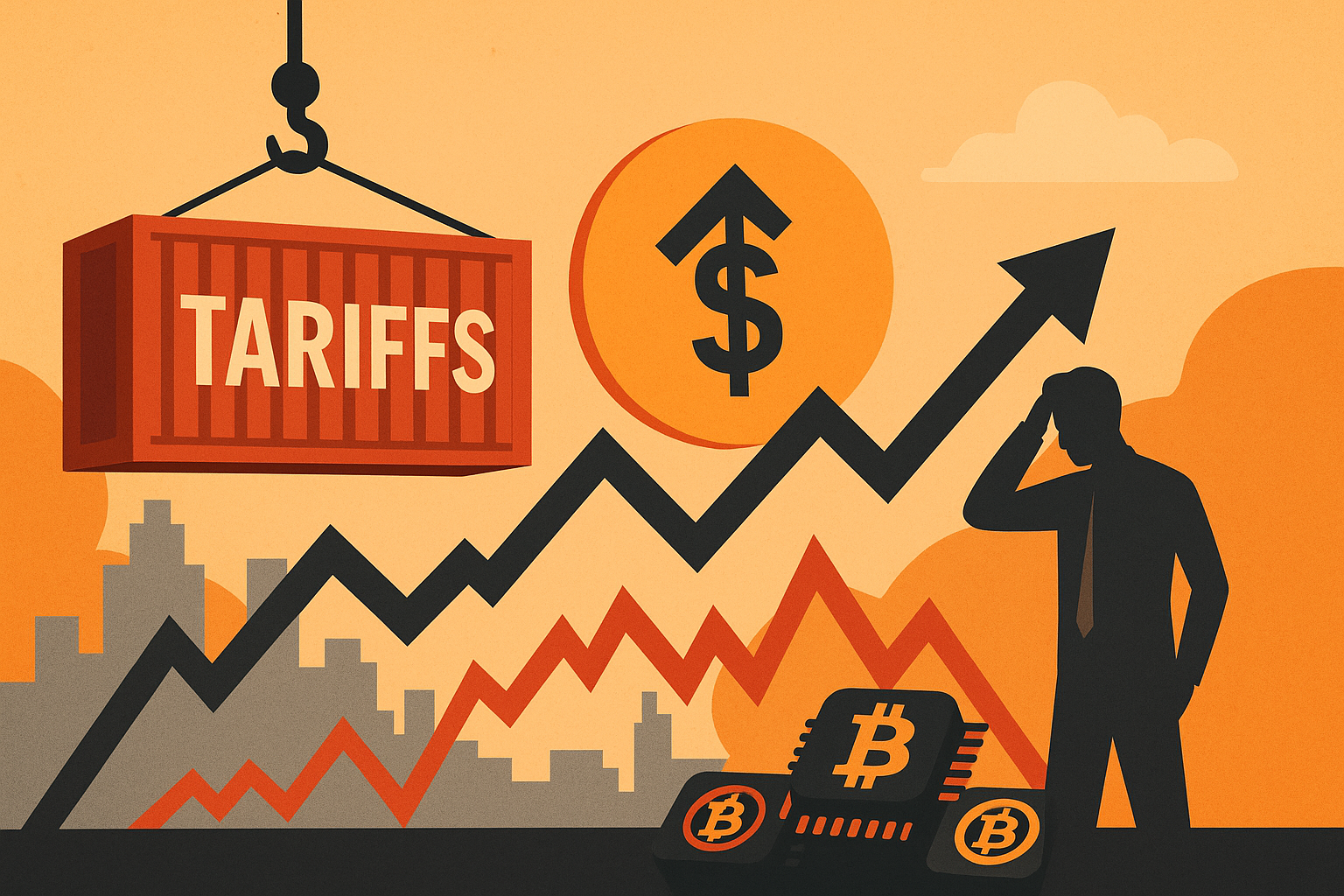 Illustrated image showing a shipping container labeled “Tariffs,” a rising dollar symbol, fluctuating stock market graphs, and a concerned investor silhouette against an orange backdrop.