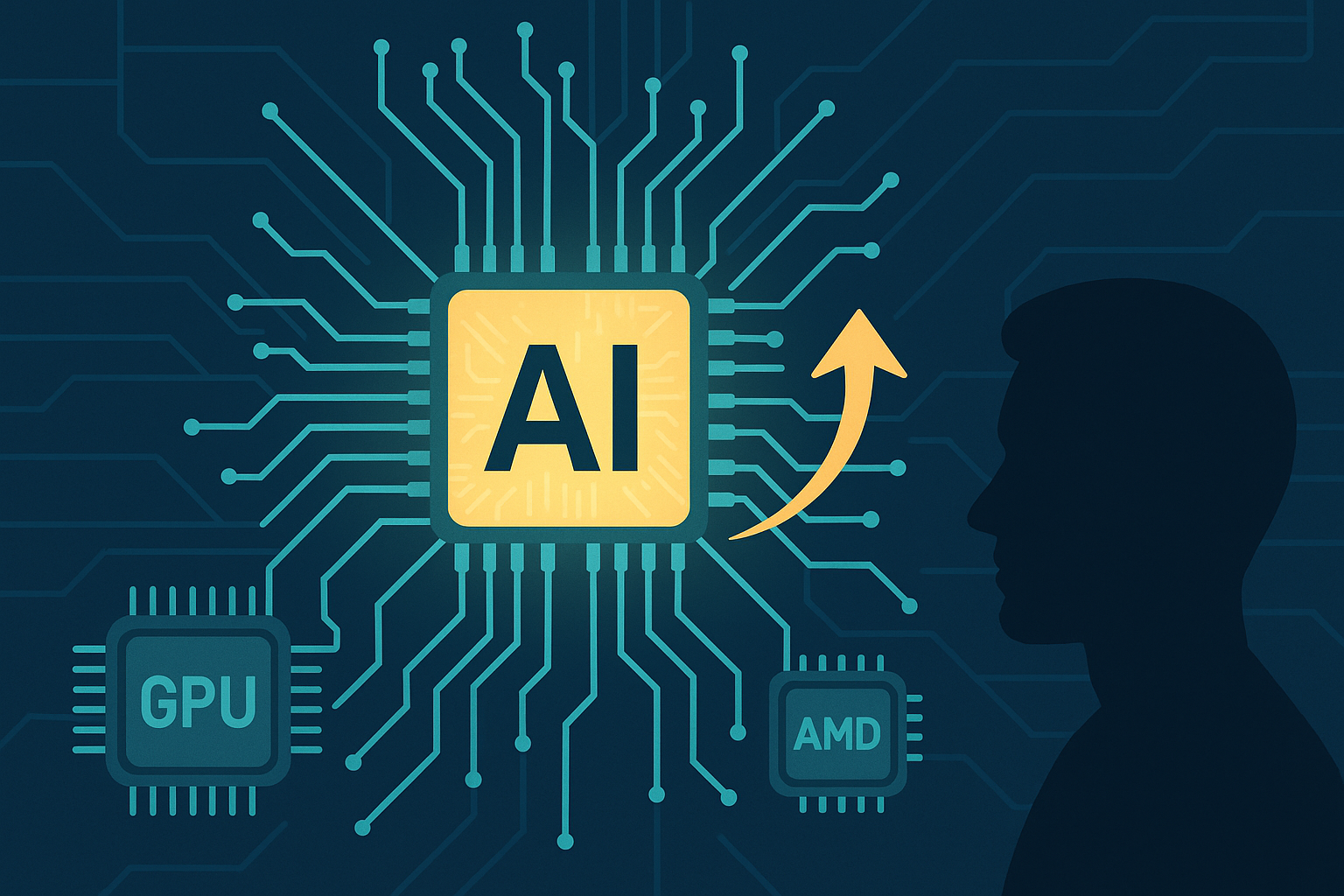 Illustration of an AI processor chip with circuitry connections, flanked by GPU and AMD chips, and an upward arrow indicating growth.
