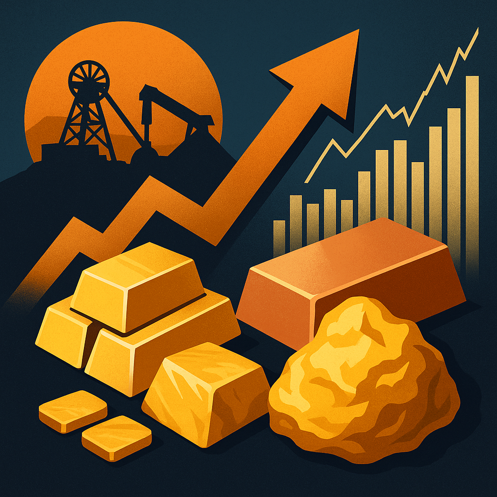 Illustrated image of gold bars, copper bullion, and mining infrastructure with a rising stock chart and upward arrow.