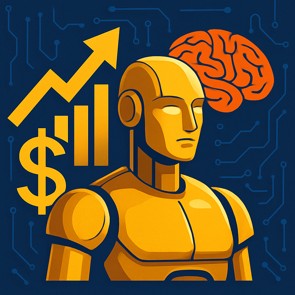 Golden humanoid robot surrounded by financial growth symbols, including a dollar sign, upward arrow, bar chart, and digital brain on a tech-inspired blue background.