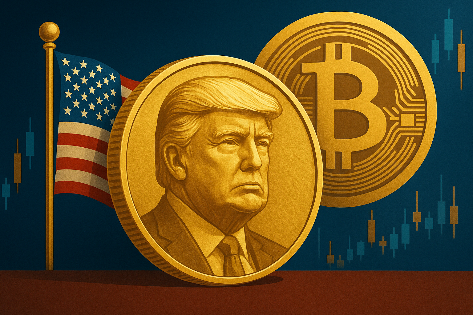A gold coin featuring Donald Trump’s profile beside a Bitcoin symbol and the American flag, against a crypto market chart background.
