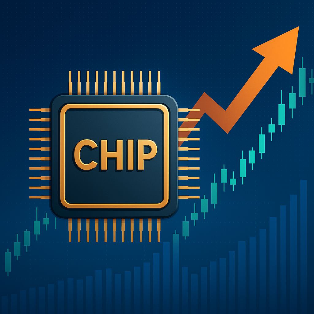 Illustration of a golden semiconductor chip with upward financial charts and arrow