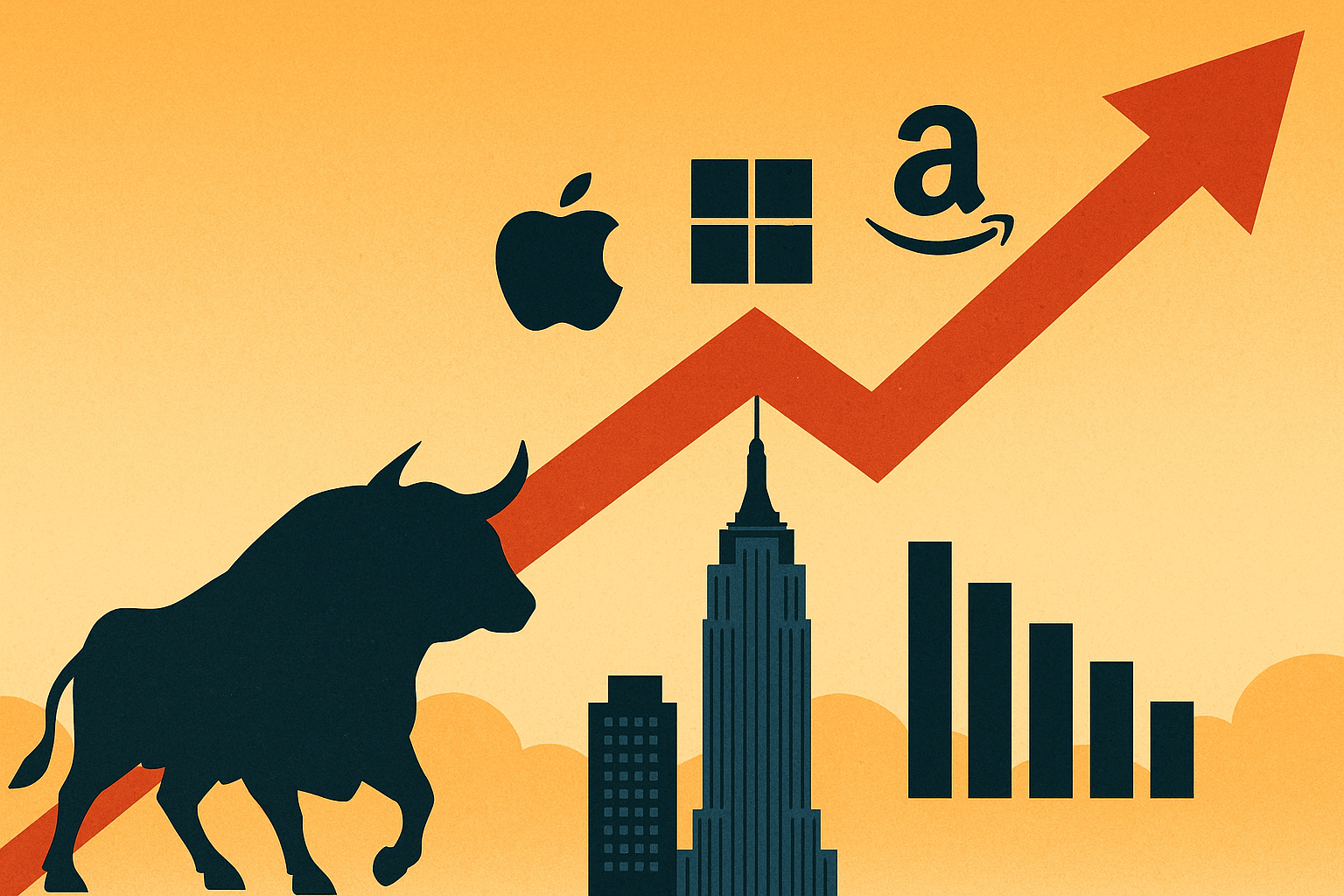 Illustration of a bullish market surge led by tech companies, featuring a large bull, rising red arrow, tech logos, skyscrapers, and declining bar chart in the background.