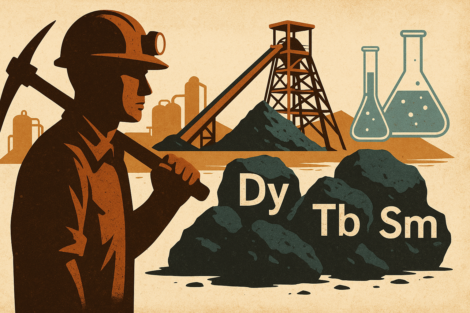 Illustration of a miner with a pickaxe, rare earth ore labeled with chemical symbols (Dy, Tb, Sm), industrial mining equipment, and laboratory beakers in the background.