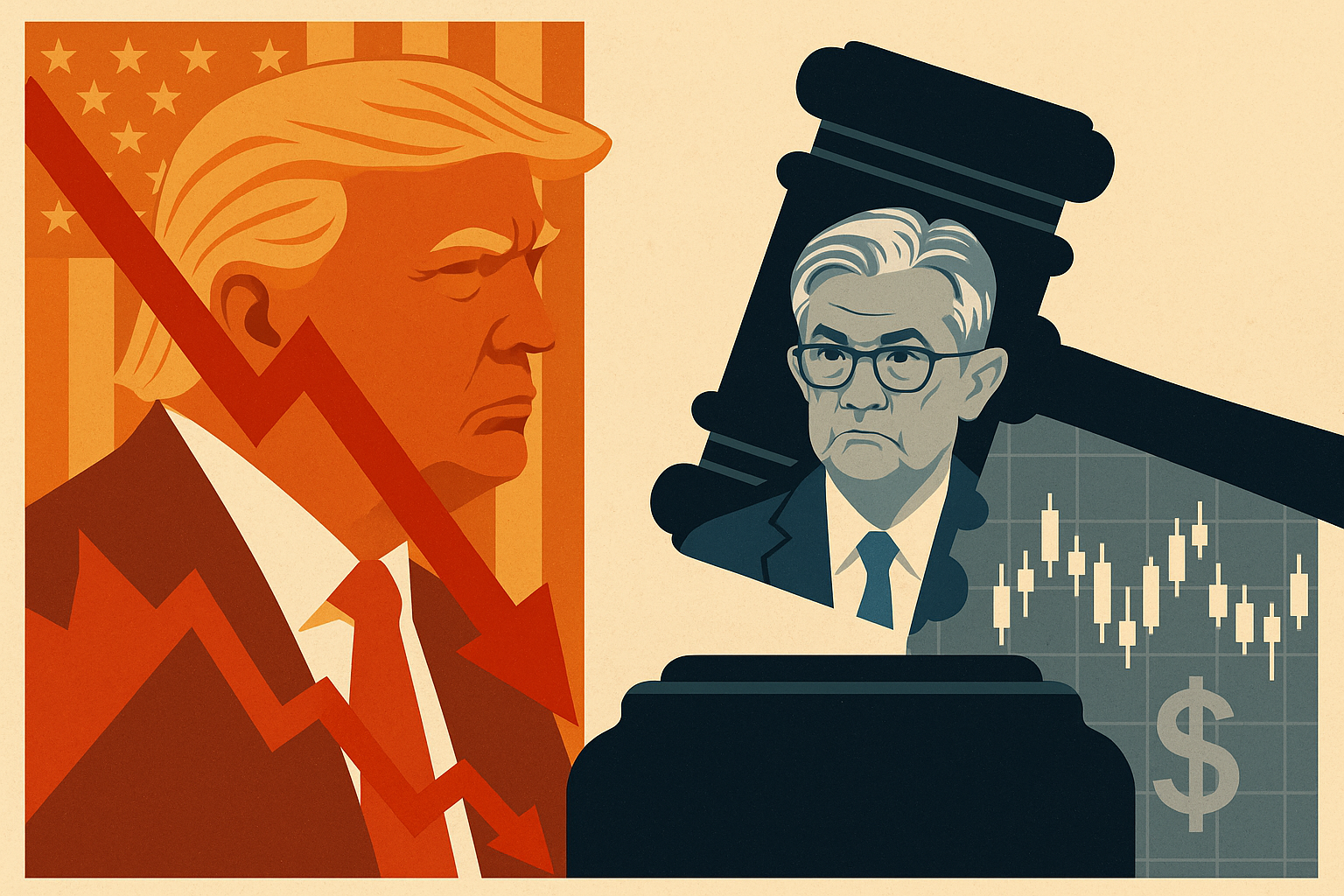 Illustration of Donald Trump with a red downward stock arrow and Jerome Powell inside a gavel silhouette with financial charts, symbolizing tariff-driven market volatility and Fed independence concerns.