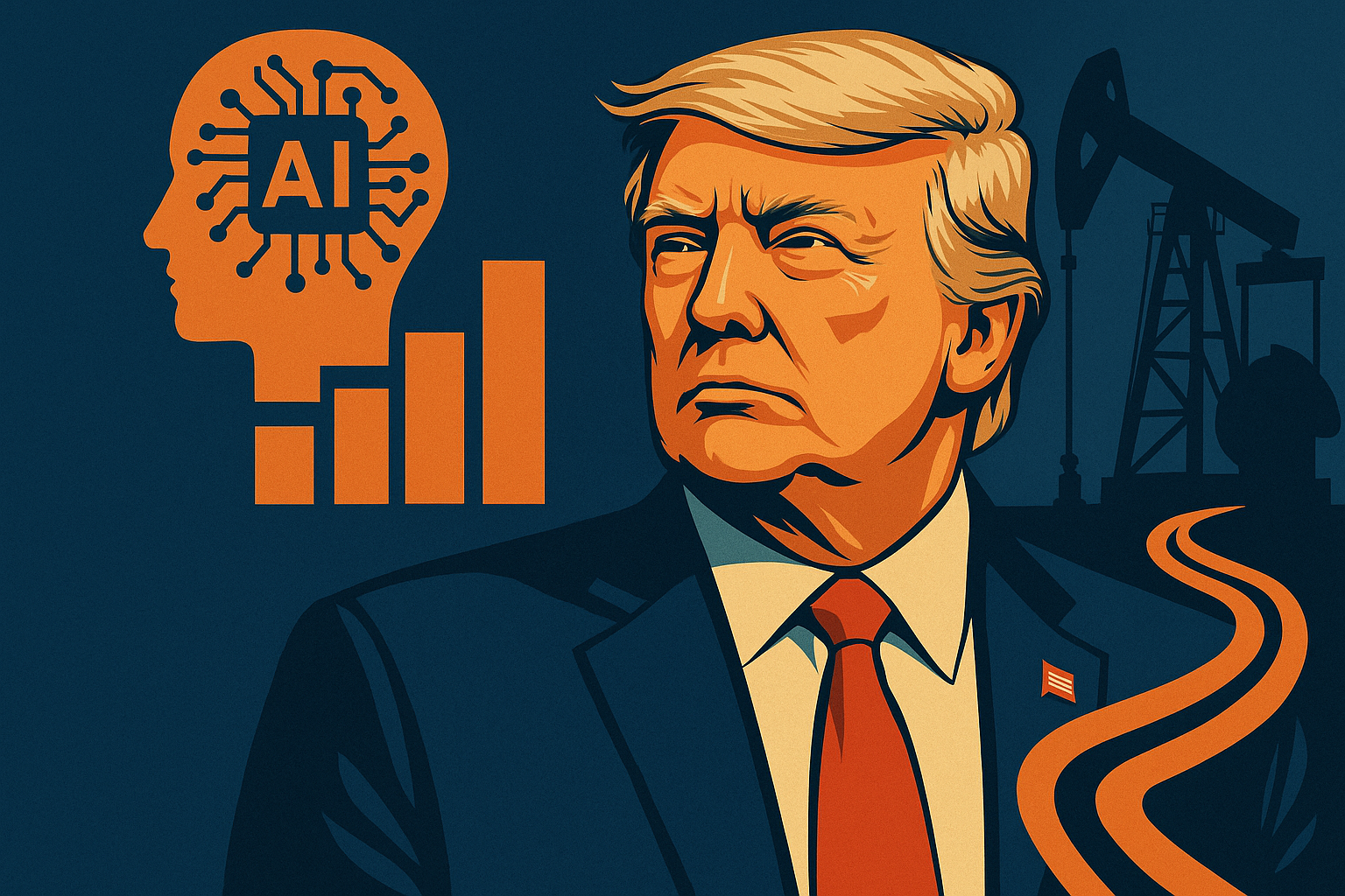 Illustration of Donald Trump with AI circuitry and oil rig symbols in the background, representing tech and energy investment themes