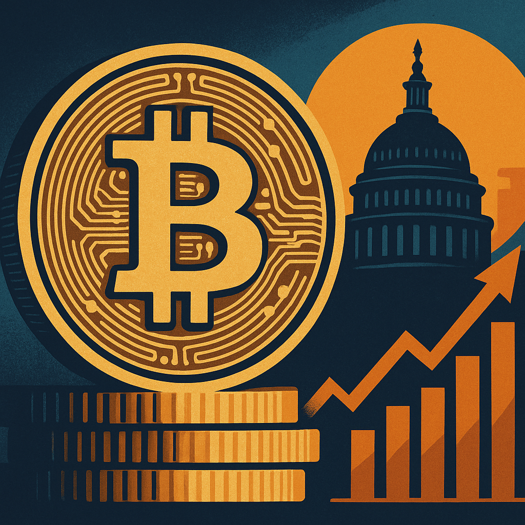Illustration of a large Bitcoin symbol in front of the U.S. Capitol building with rising bar and arrow graphics indicating growth.