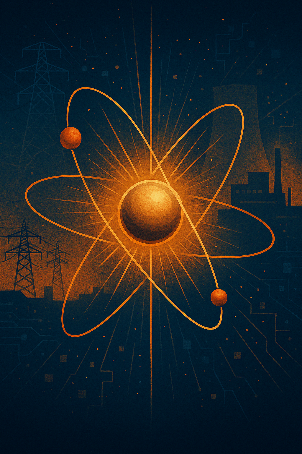 Symbolic digital illustration of fusion energy, showing a glowing atomic nucleus with orbiting electrons and industrial elements like power lines and cooling towers in the background.