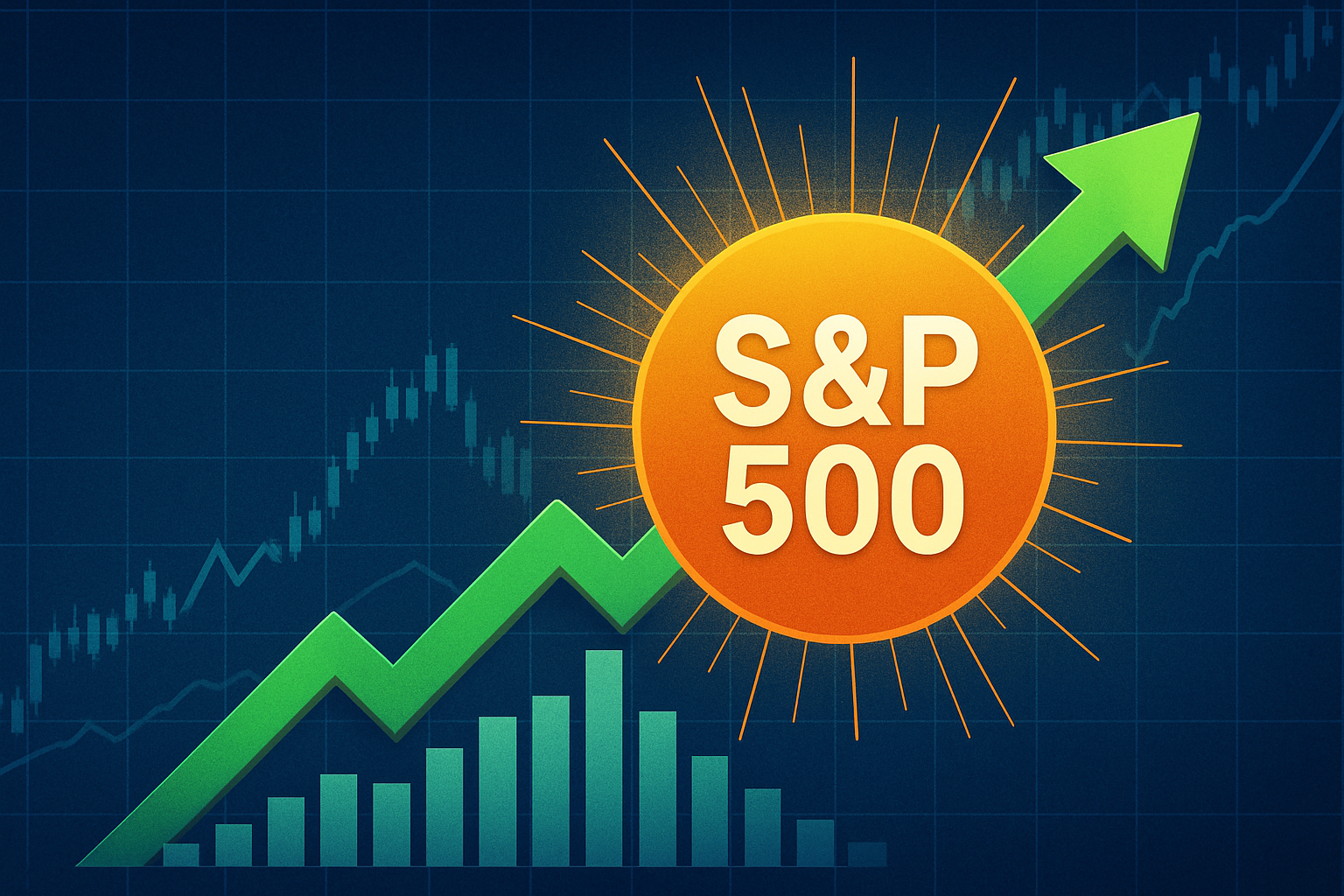 Symbolic illustration of the S&P 500 reaching a record high, featuring an upward green arrow, bar charts, and a glowing orange circle set against a blue financial grid background.