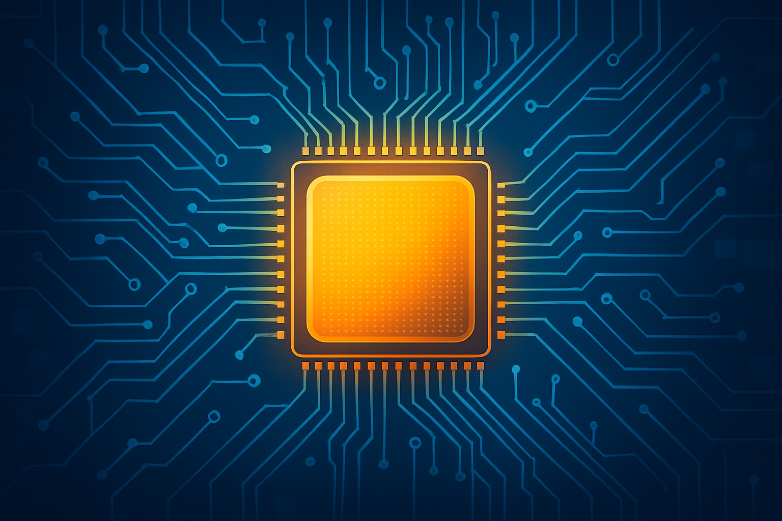 Digital illustration of a glowing orange semiconductor chip embedded in a complex blue circuit board, symbolizing advanced AI processing technology.