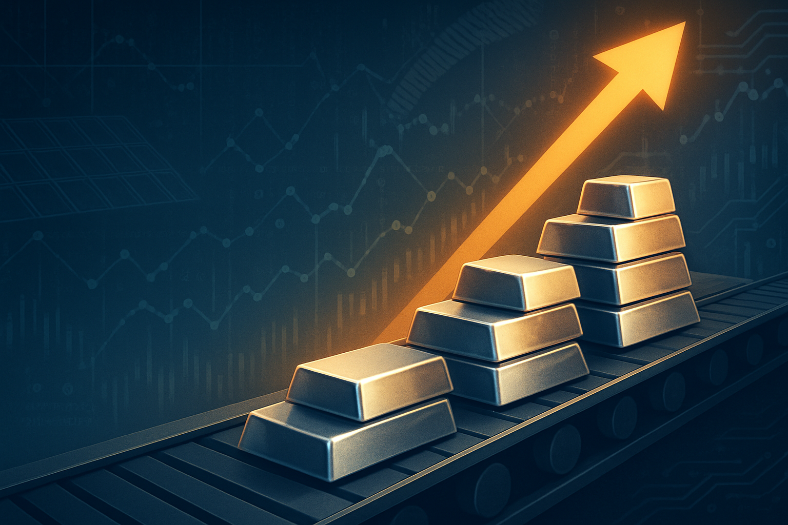 Silver bars stacked on a moving conveyor belt with a glowing orange upward arrow and financial charts in the background.