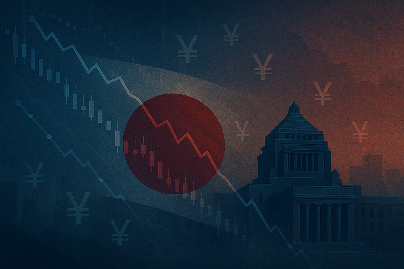 Illustration of Japan’s National Diet building with the Japanese flag, falling candlestick charts, and yen symbols representing market uncertainty.