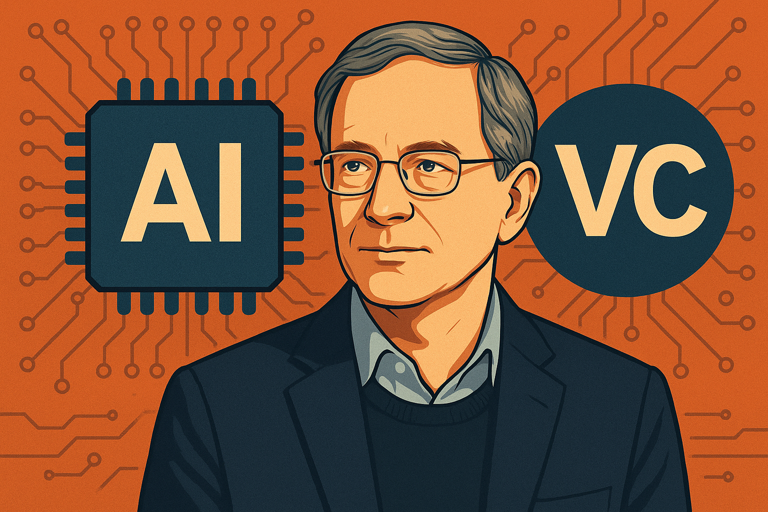 Illustration of an older man in a suit with AI and VC symbols in the background, representing a transition from academia to AI venture capital.