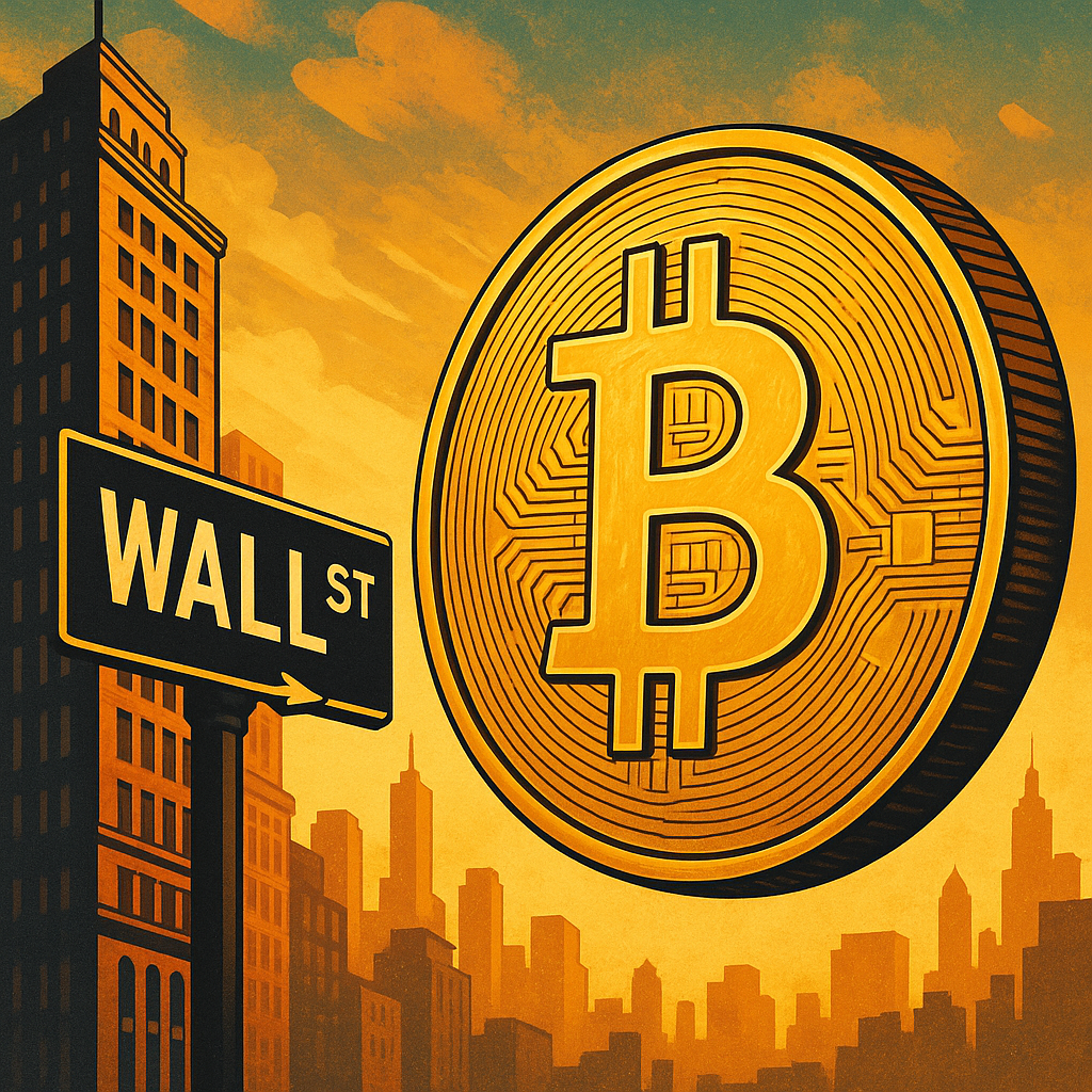 Illustration of a large gold Bitcoin coin in front of a Wall Street sign and a glowing city skyline.