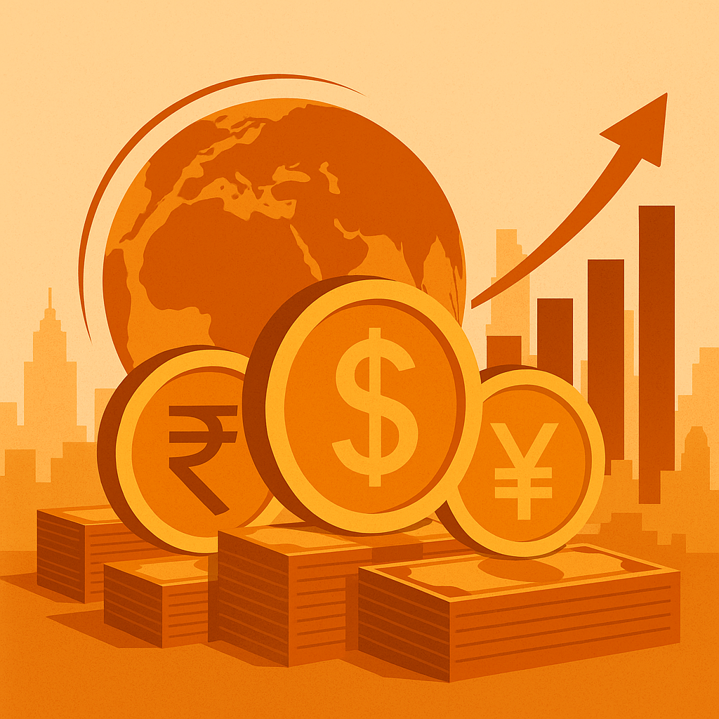 Flat-style illustration of a globe surrounded by currency symbols (Rupee, Dollar, Yuan), stacks of banknotes, and an upward arrow over a cityscape.