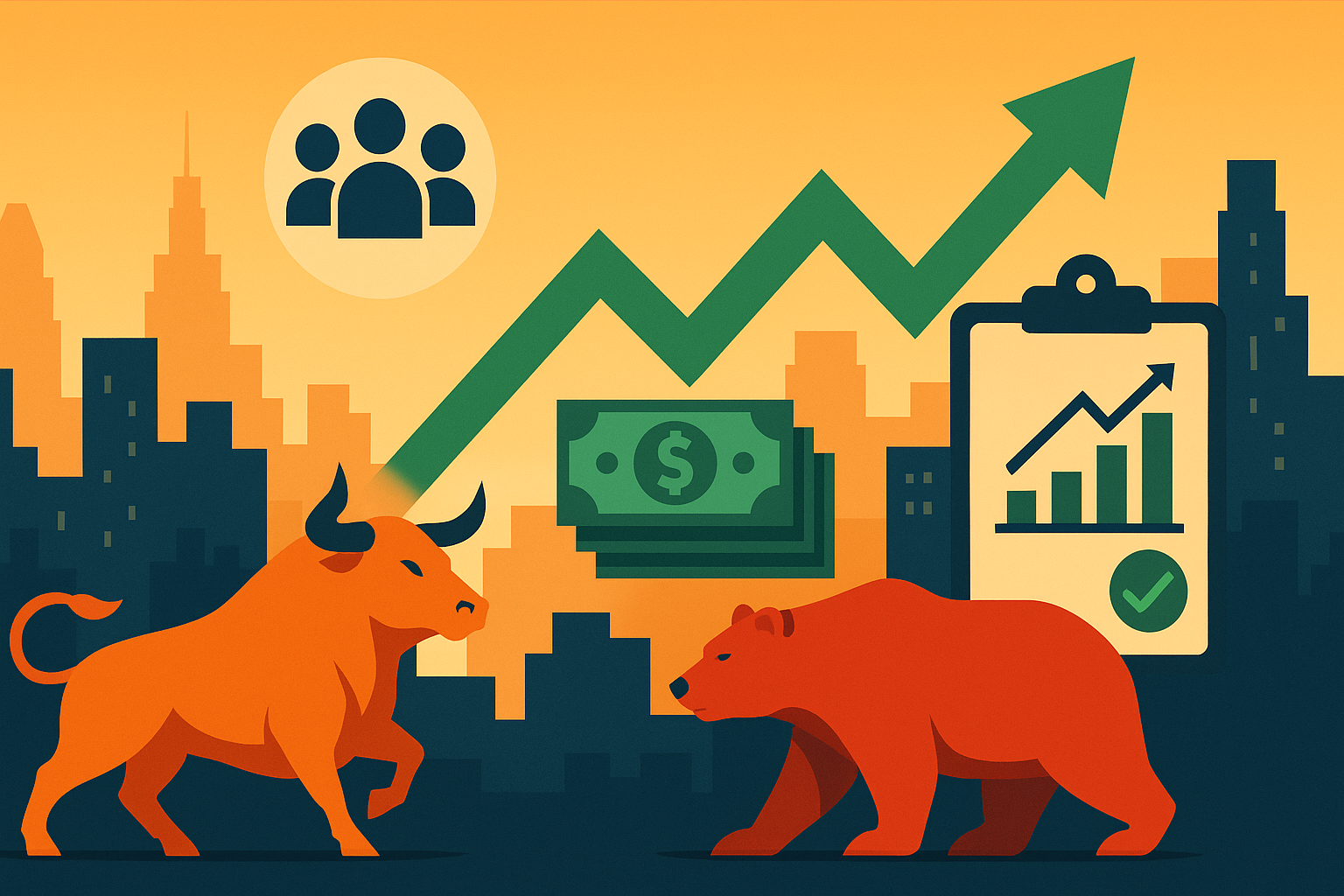 Flat-style illustration showing a bullish orange bull and bearish red bear facing off, with financial icons, rising chart arrows, and a city skyline in the background.