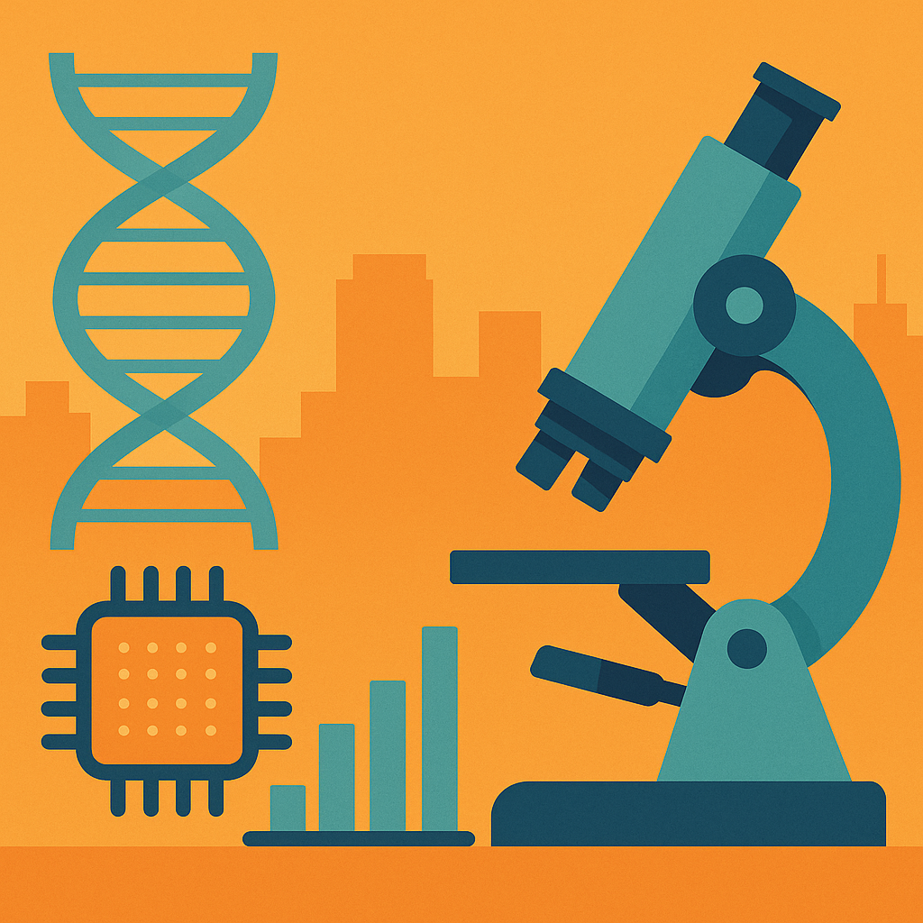 Flat-style illustration showing a teal microscope, DNA helix, microchip, and bar graph against an orange city skyline background.