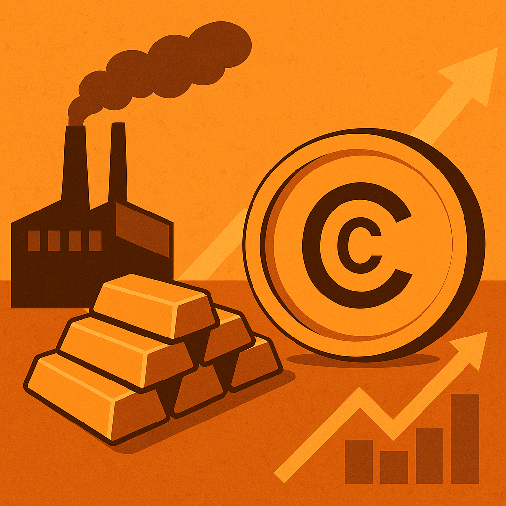 Flat-style digital illustration featuring a copper coin with a "C" symbol, copper ingots, a smelting plant with smoke stacks, and rising financial chart arrows, all in warm orange tones.