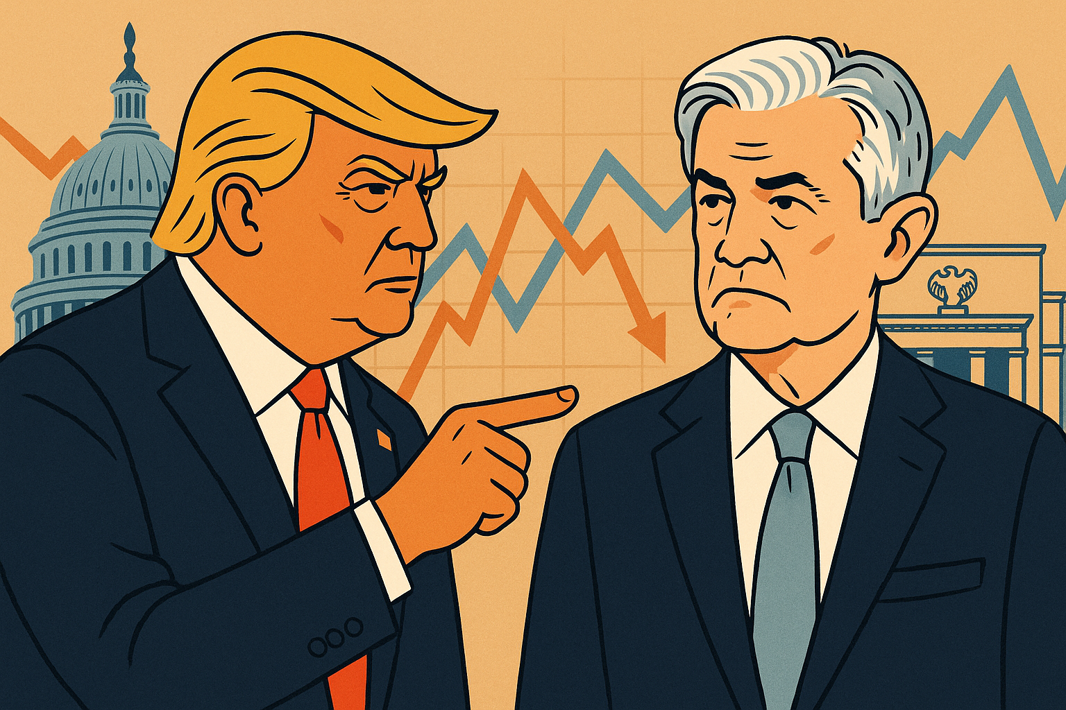 An illustrated image featuring Donald Trump and Jerome Powell in a symbolic confrontation over the Federal Reserve’s future, with financial graphs and the U.S. Capitol in the background.