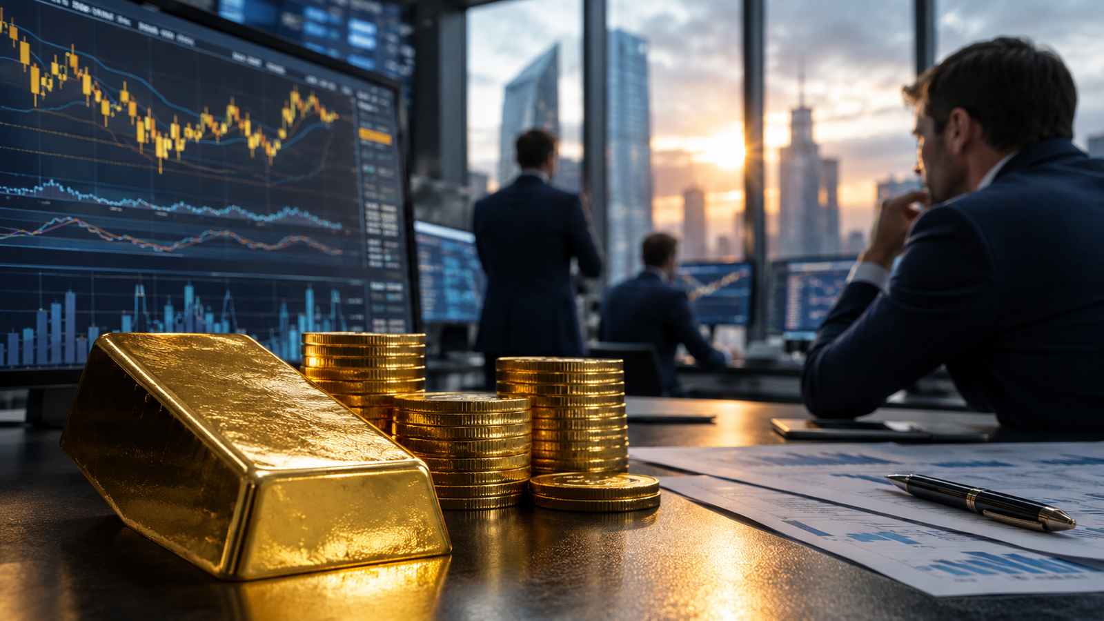 Photorealistic trading office with gold bars and stacked coins in the foreground, financial analysts watching market charts, and a city skyline glowing through the windows.