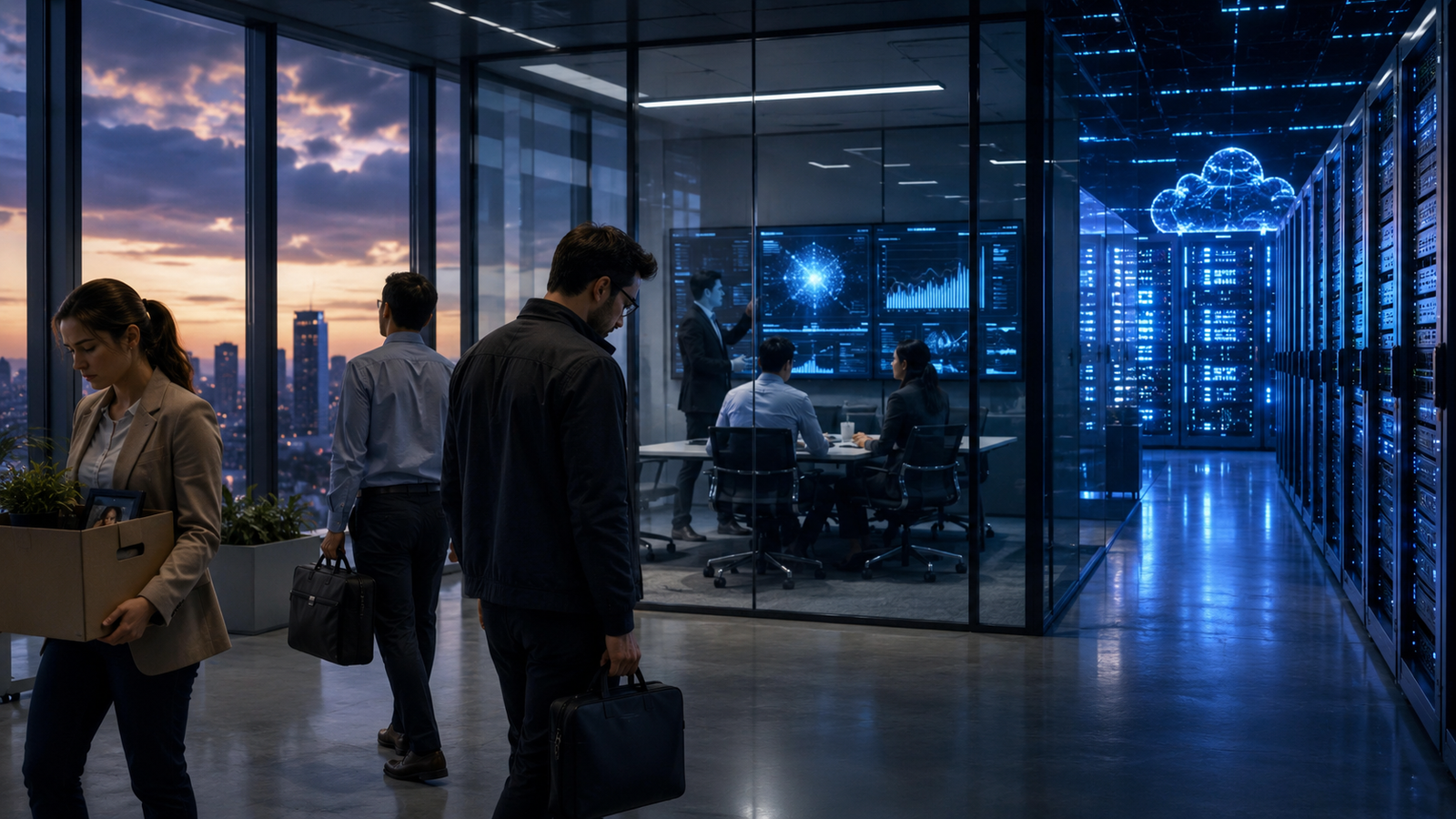 Photorealistic corporate technology office showing employees leaving with personal items while executives review AI strategy screens beside glowing data center servers.