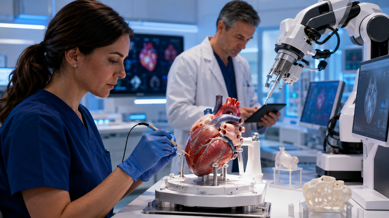 Photorealistic medical simulation lab showing clinicians examining a lifelike synthetic heart model with robotic training equipment and medical imaging screens in the background.