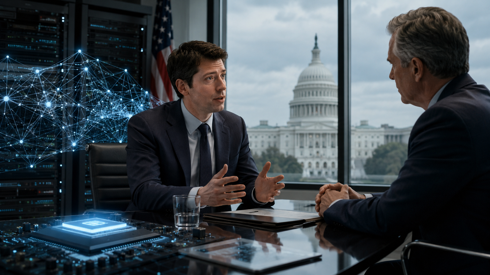 Business and government figures discuss artificial intelligence policy in a modern boardroom with the U.S. Capitol visible in the background and AI technology visuals nearby.