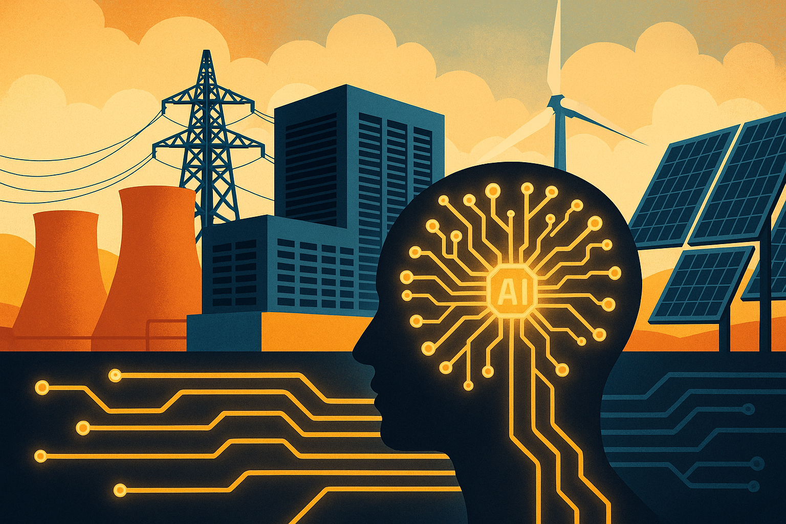 Stylized digital illustration of a human head silhouette with glowing AI circuitry, surrounded by power plants, solar panels, wind turbines, and data centers.