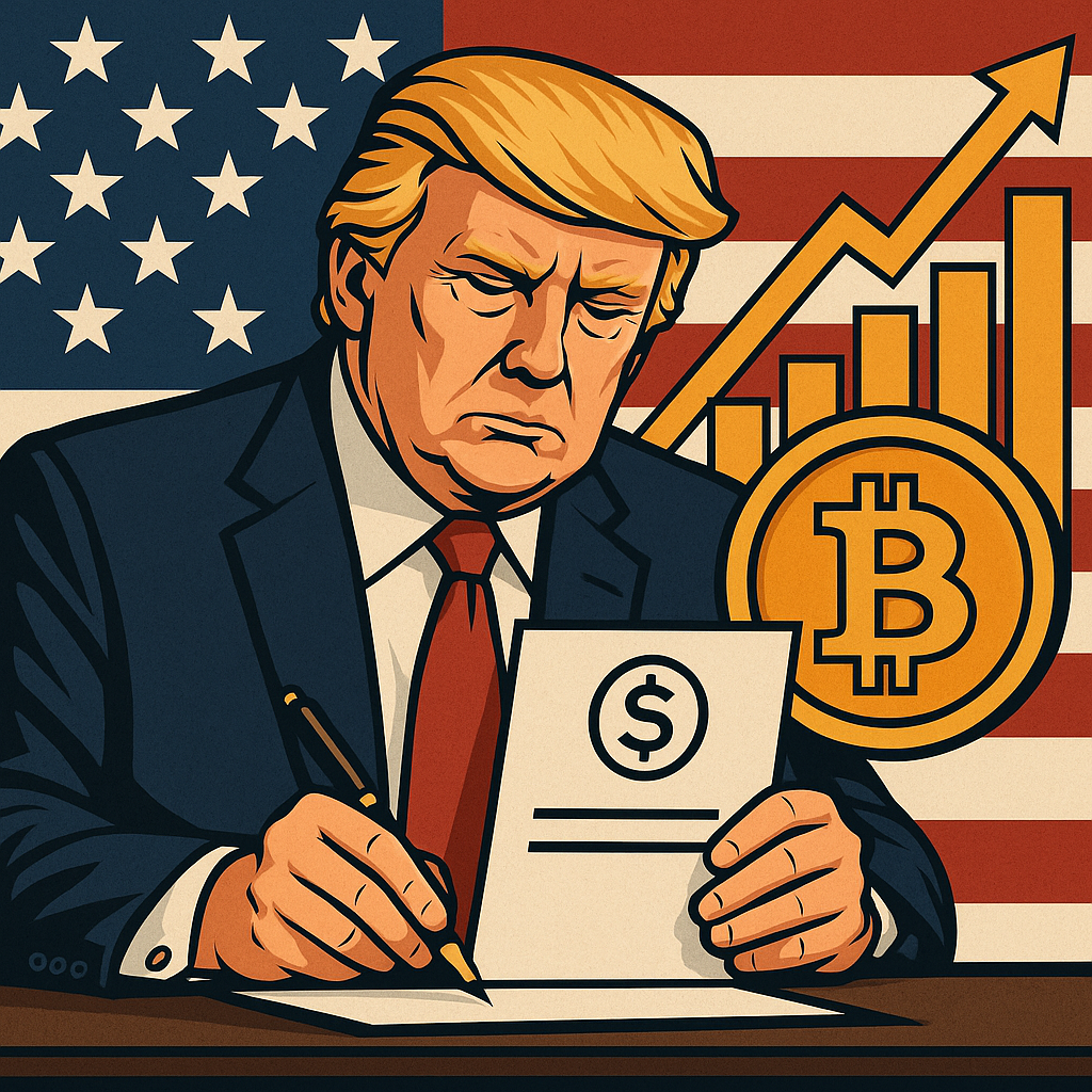 Digital illustration of Donald Trump signing a document with a Bitcoin symbol and upward financial chart in front of an American flag