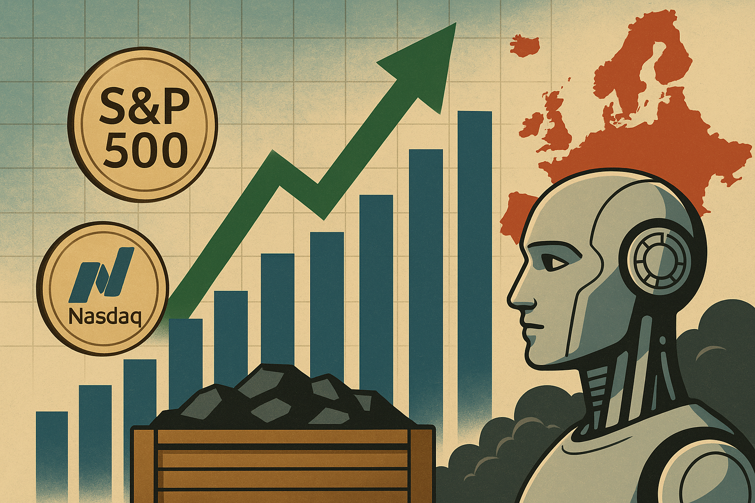 An illustrated scene featuring a rising green arrow over a blue bar chart with S&P 500 and Nasdaq logos, a humanoid robot, a red map of Europe, and a crate of minerals in the foreground.