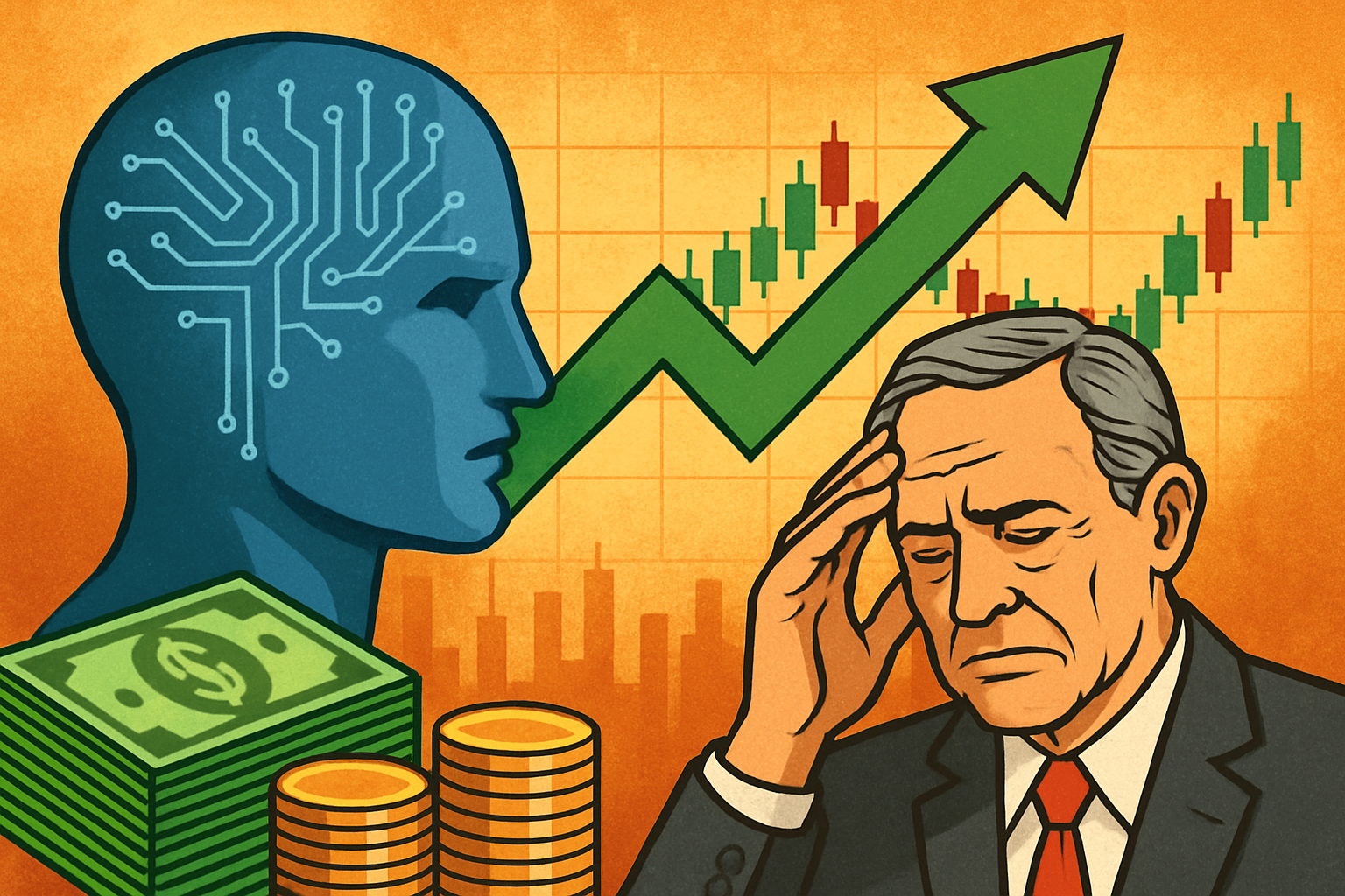 An AI-powered figure with circuitry inside its head faces a worried older investor, with rising stock charts and money symbols in the background.