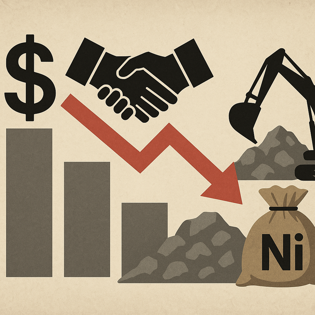 Illustration showing financial decline and a mining deal with symbolic elements including a downward arrow, handshake, dollar sign, and a nickel sack.