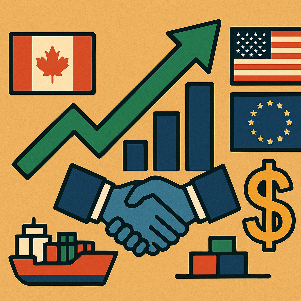 Symbolic illustration featuring Canada, U.S., and EU flags, a green upward arrow, a cargo ship, a handshake, a bar chart, and a dollar sign.