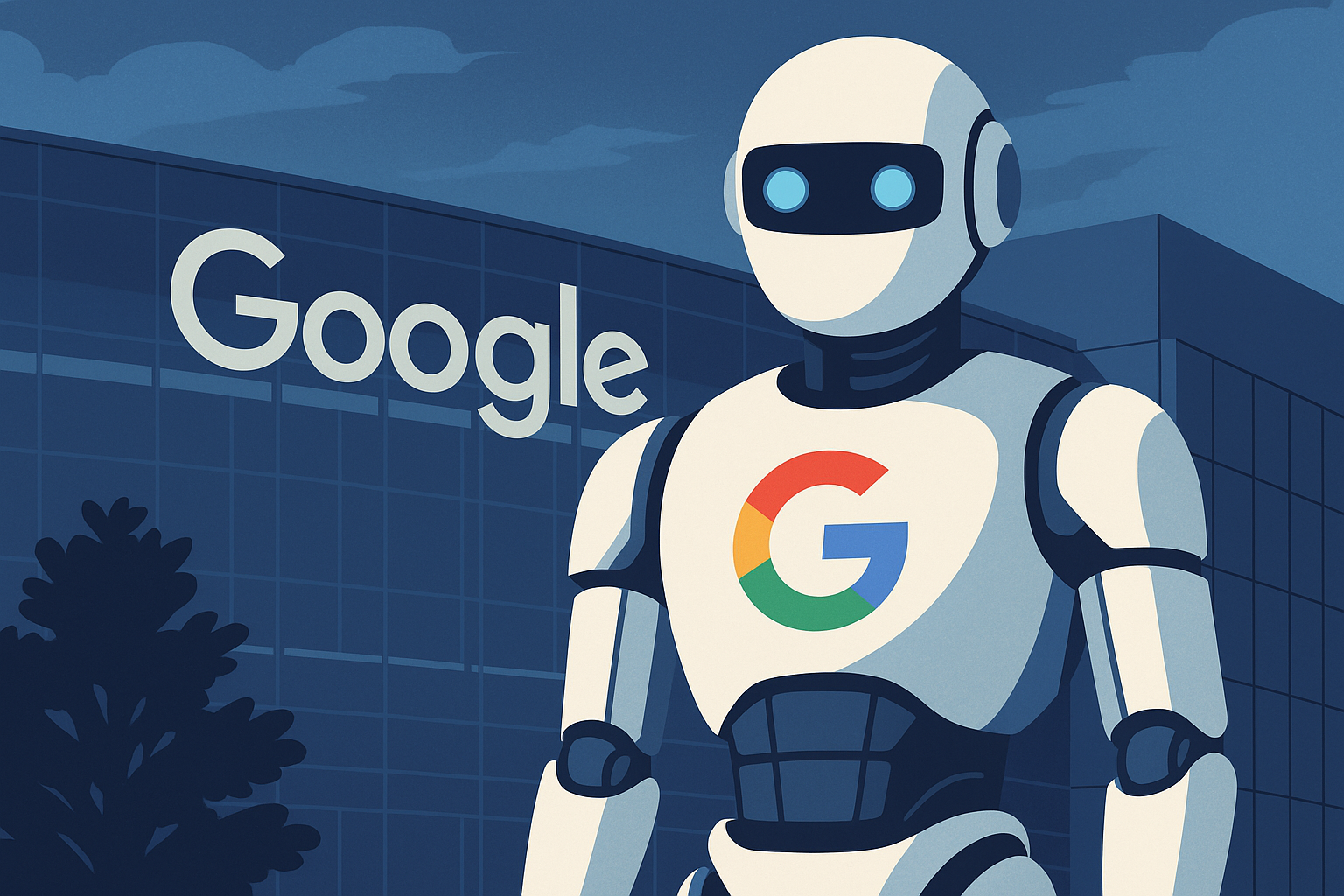 Illustration of a robot with a Google logo on its chest standing in front of Google headquarters.