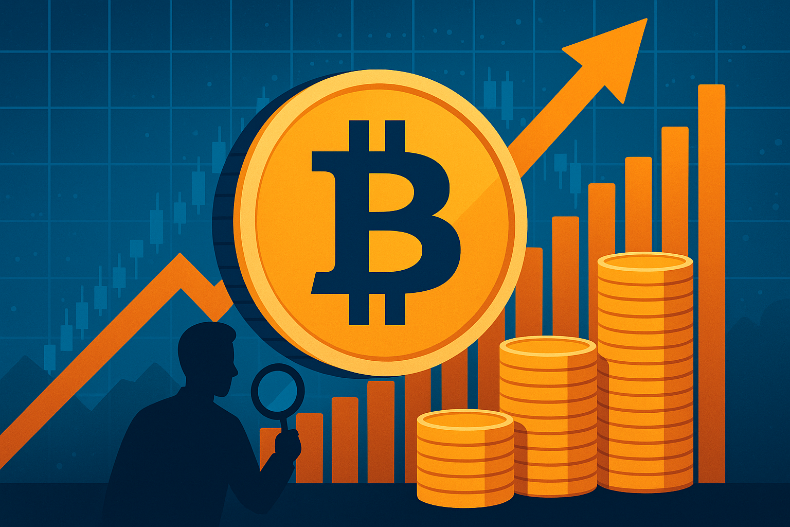 Digital illustration of a large Bitcoin coin with an upward arrow, stacked coins, a silhouetted investor examining charts, and a background of financial graphs.