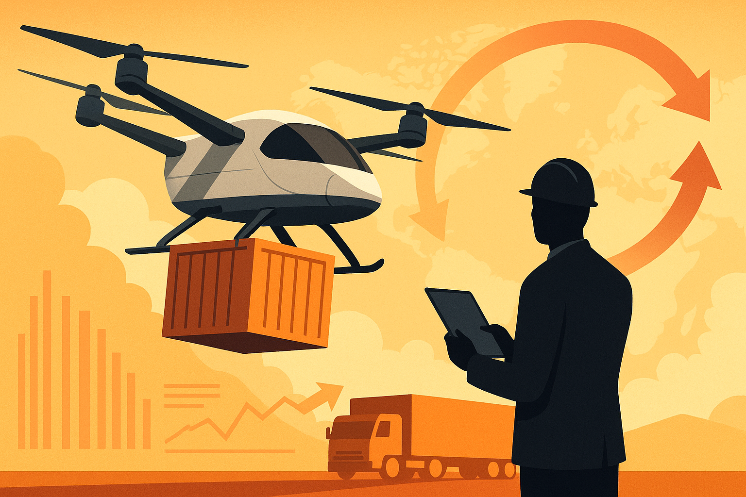 A futuristic eVTOL cargo drone carrying a container in flight, with a silhouetted operator holding a tablet, trucks in the background, and logistics-themed visuals like arrows, graphs, and a map overlay.