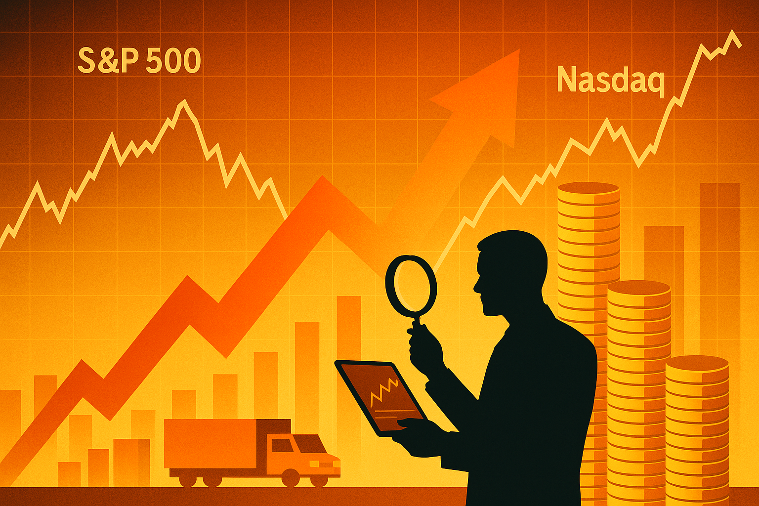 A digital illustration showing a silhouetted investor analyzing financial data with a magnifying glass and tablet, as upward-trending arrows, stock charts, coins, and a delivery truck symbolize market growth.