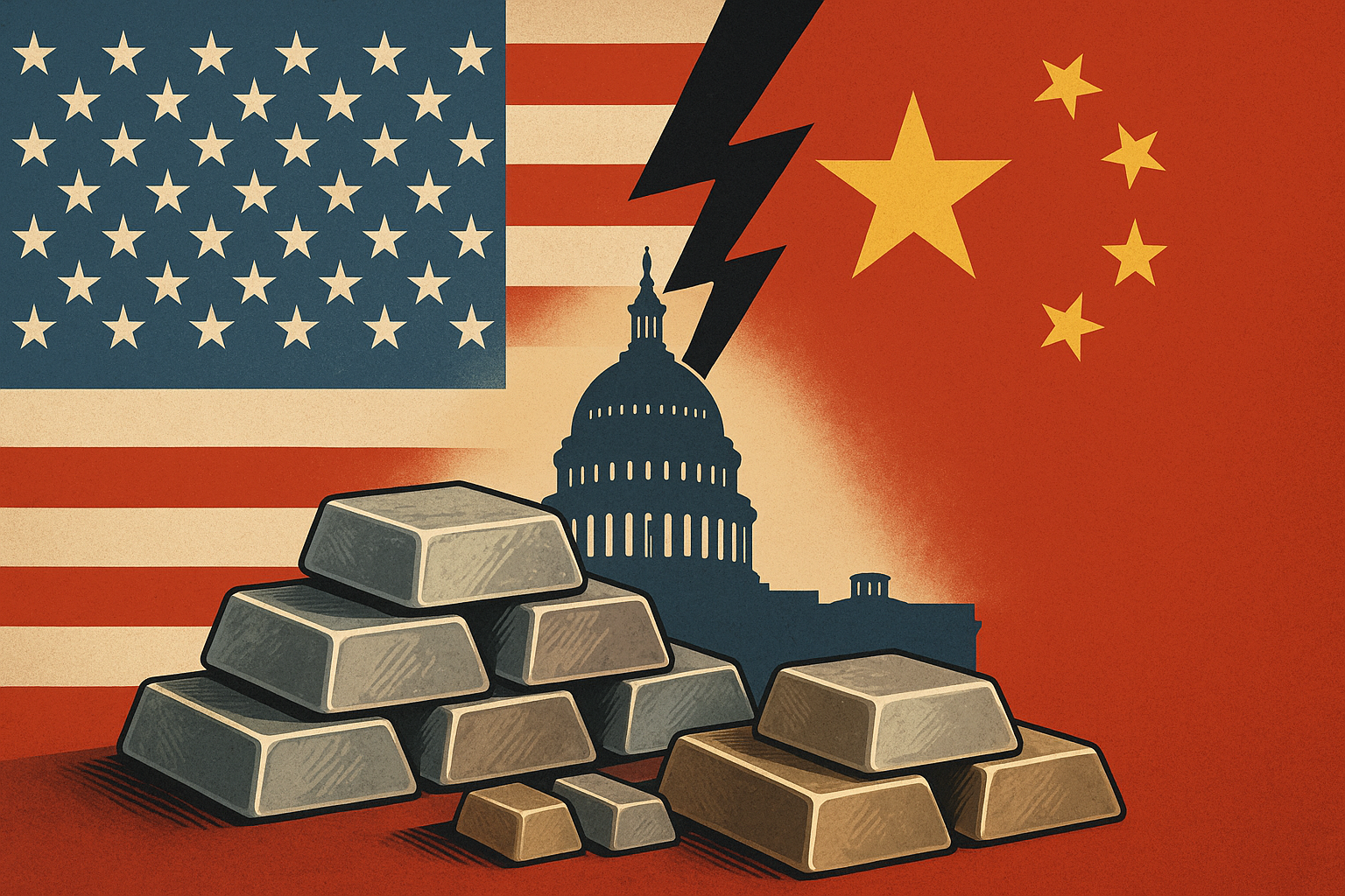Illustration showing rare-earth metal bars in front of a split backdrop of U.S. and Chinese flags, with the U.S. Capitol silhouette and a lightning bolt dividing the two sides.
