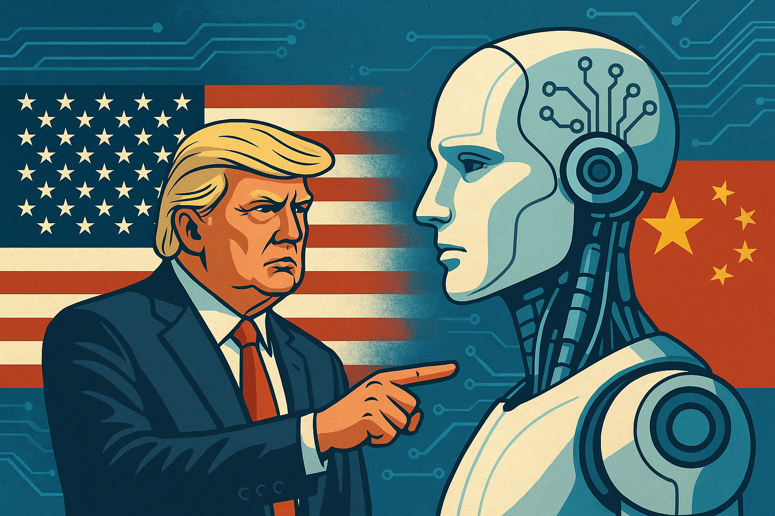 Illustration of Donald Trump pointing at a humanoid AI robot, with U.S. and China flags in the background and circuit patterns overlaying the scene.