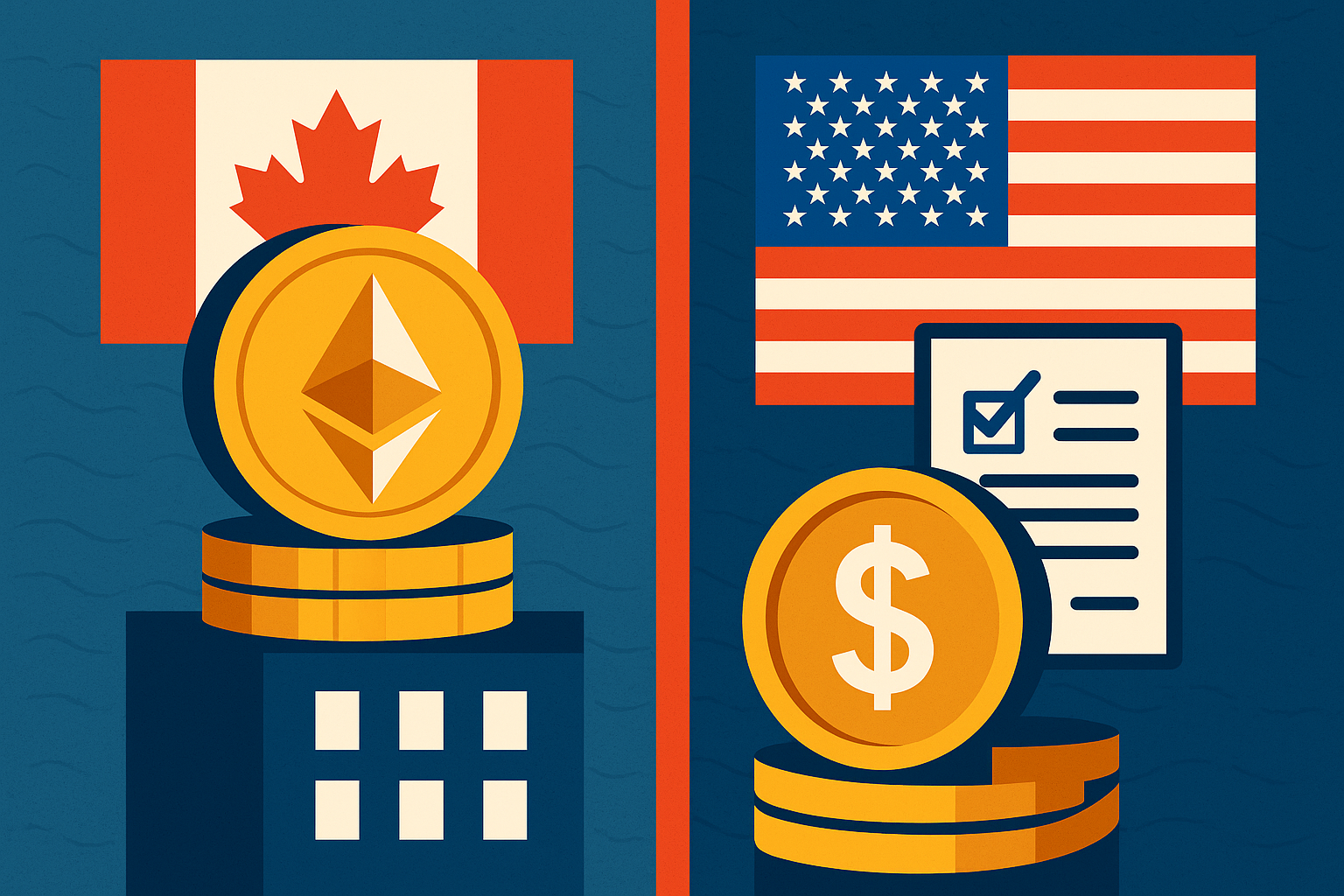 A split illustration showing Ethereum coins in front of the Canadian flag and dollar coins with a regulation document in front of the U.S. flag, symbolizing cross-border crypto developments.