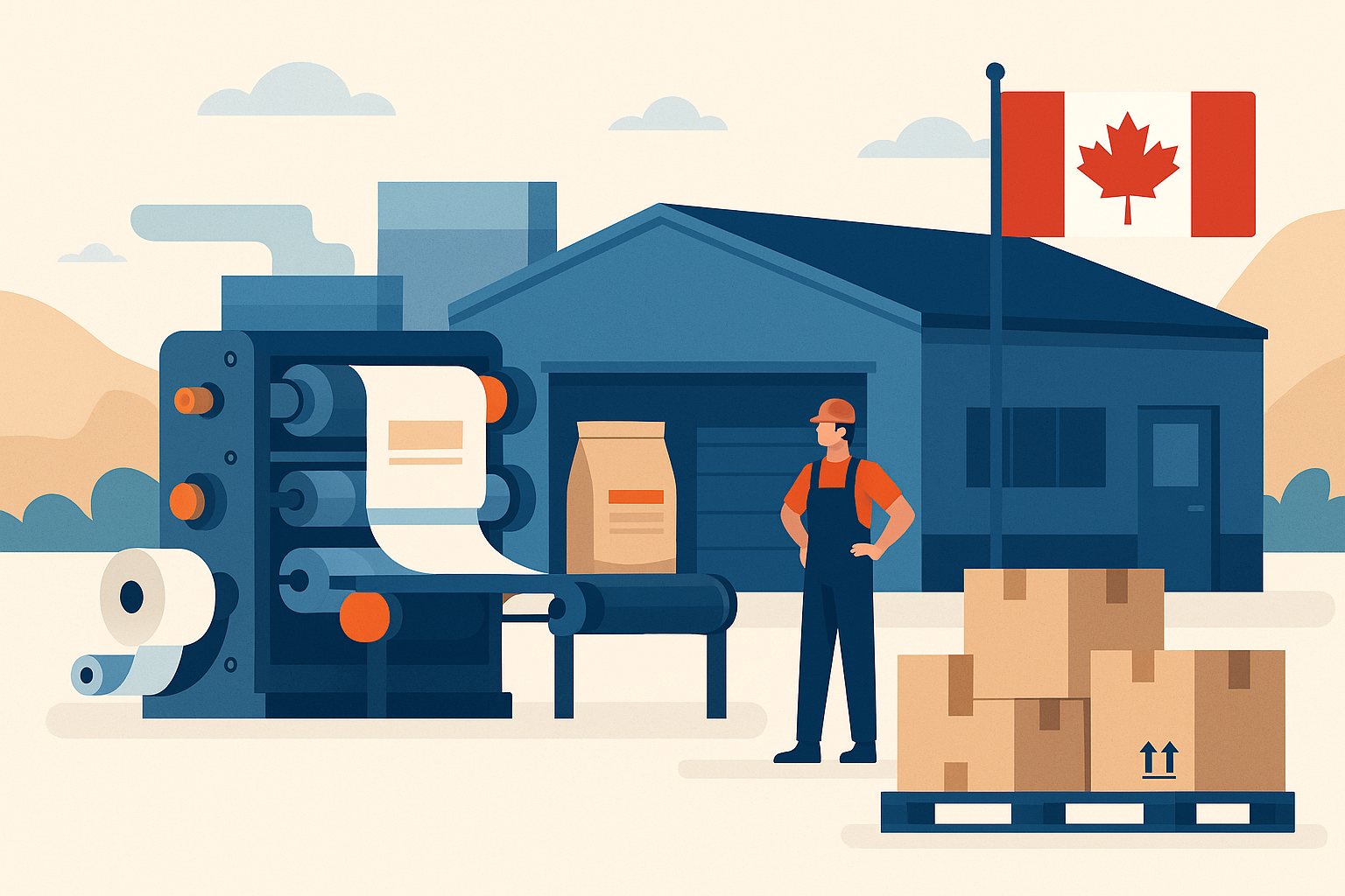 Illustrated industrial facility with modern machinery, set against a stylized Alberta landscape symbolizing manufacturing growth.