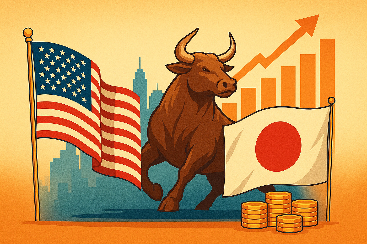 Illustration of a bullish market symbol with U.S. and Japanese flags, city skyline, upward chart, and gold coins.