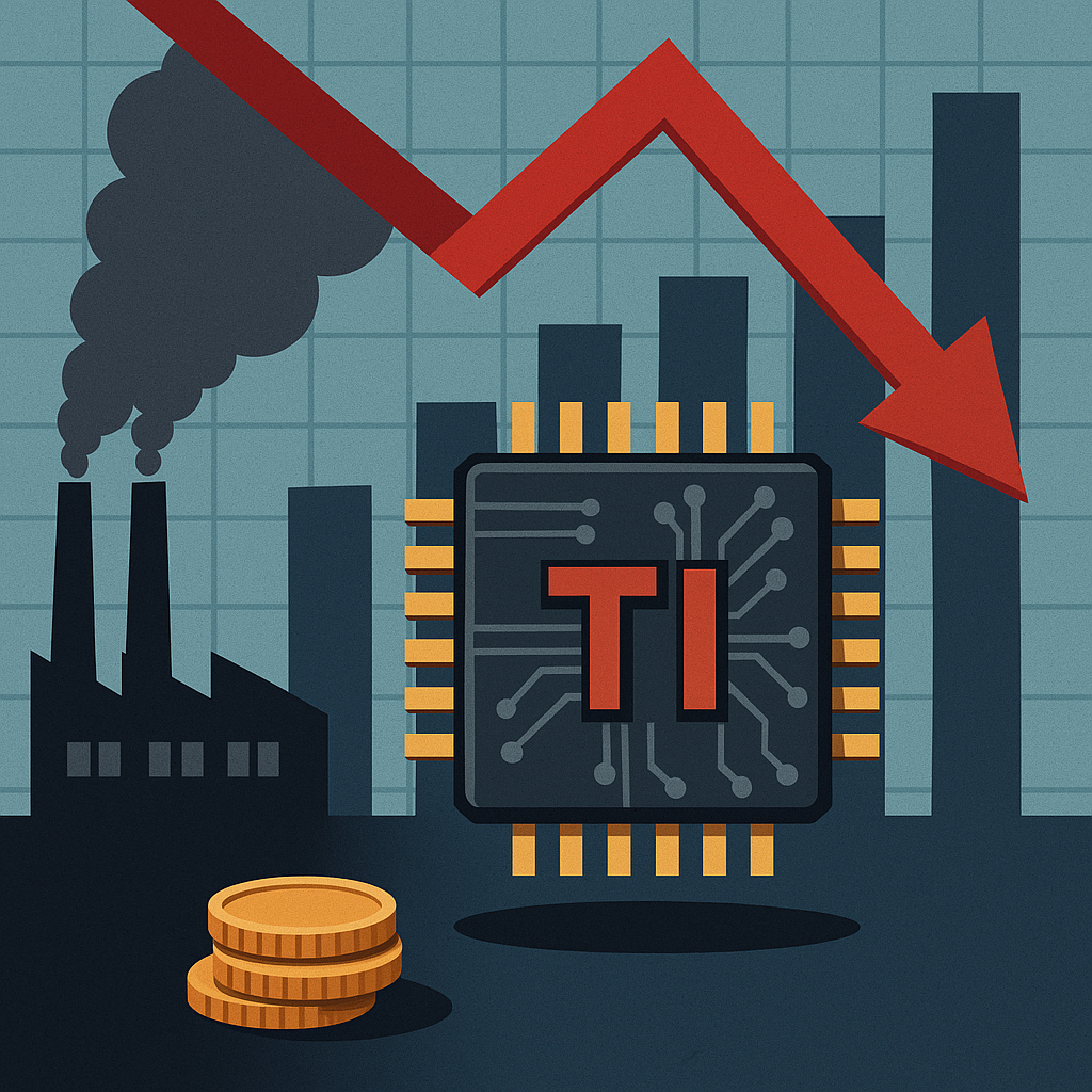 Symbolic illustration of a microchip labeled “TI” with a red downward arrow, factory smoke, and declining chart in the background.