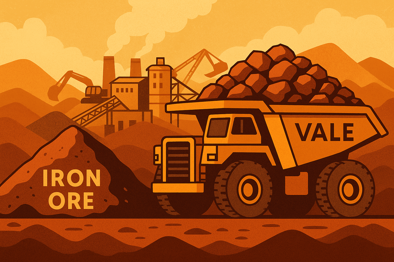 Illustration of a mining scene with a large dump truck labeled "VALE" carrying iron ore, a mound labeled "IRON ORE," and an industrial mining facility in the background.